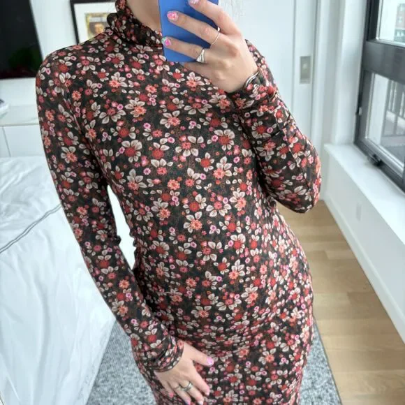 SOLD - Ramy Brook Turtleneck Floral Print Bodycon Midi Dress Brown Small - Picture 2 of 10